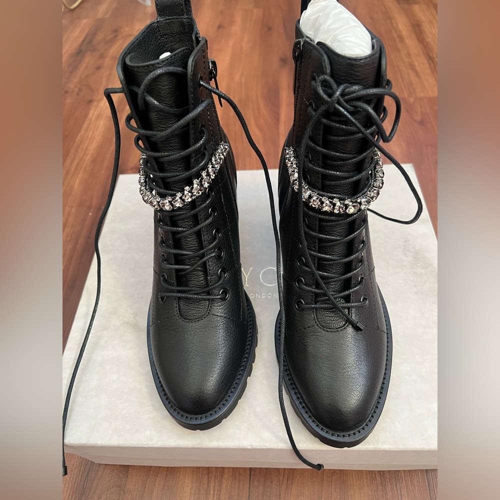 Jimmy Choo Black Leather Combat Boots with Crystal Detail